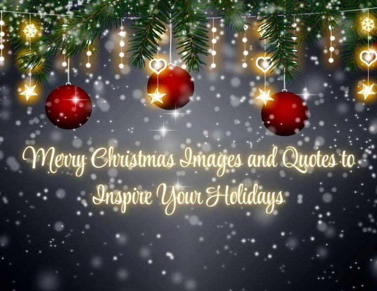 This image is of a black background qith red hanging Christmas ornaments and glowing stars, hearts, and snowflake garland. The image is the featured imagge for the post, Merry Christmas Images and Quotes to Inspire Your Holidays.