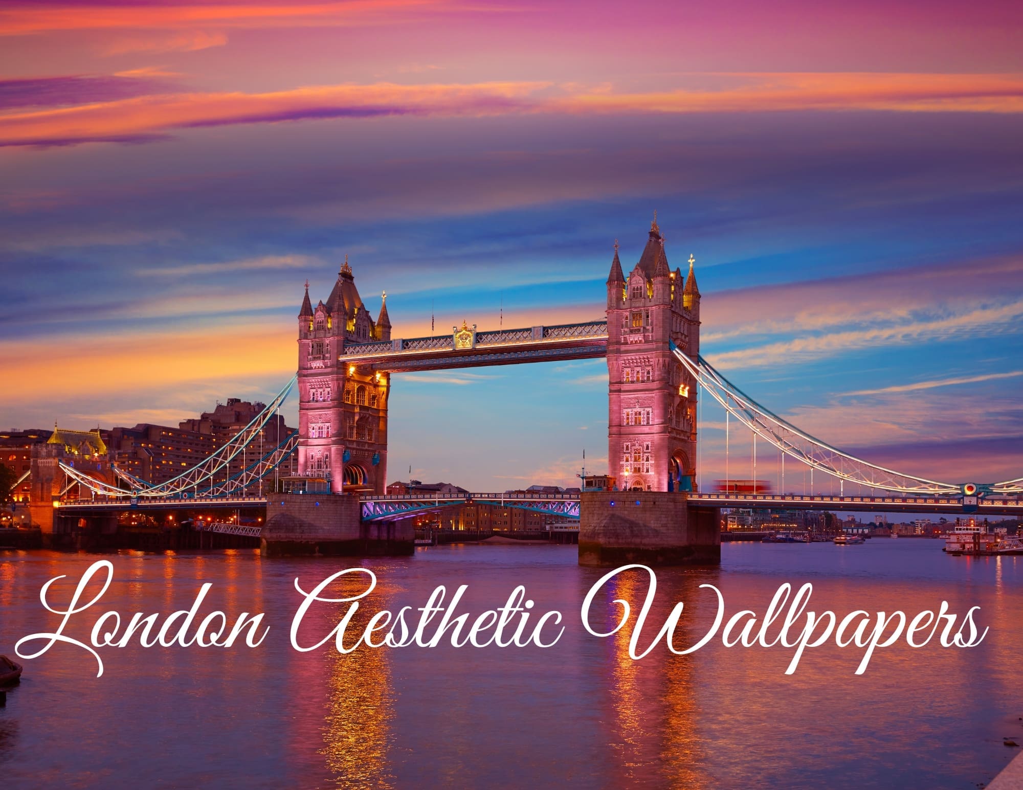 London Aesthetic Wallpapers - This image features Tower Bridge in London just after sunset. The bridge is reflecting light and has a pink glow. The sky features multi colors of blue, pink, gold, and purple. Tower Bridge is also reflecting in the water of the Thames River.