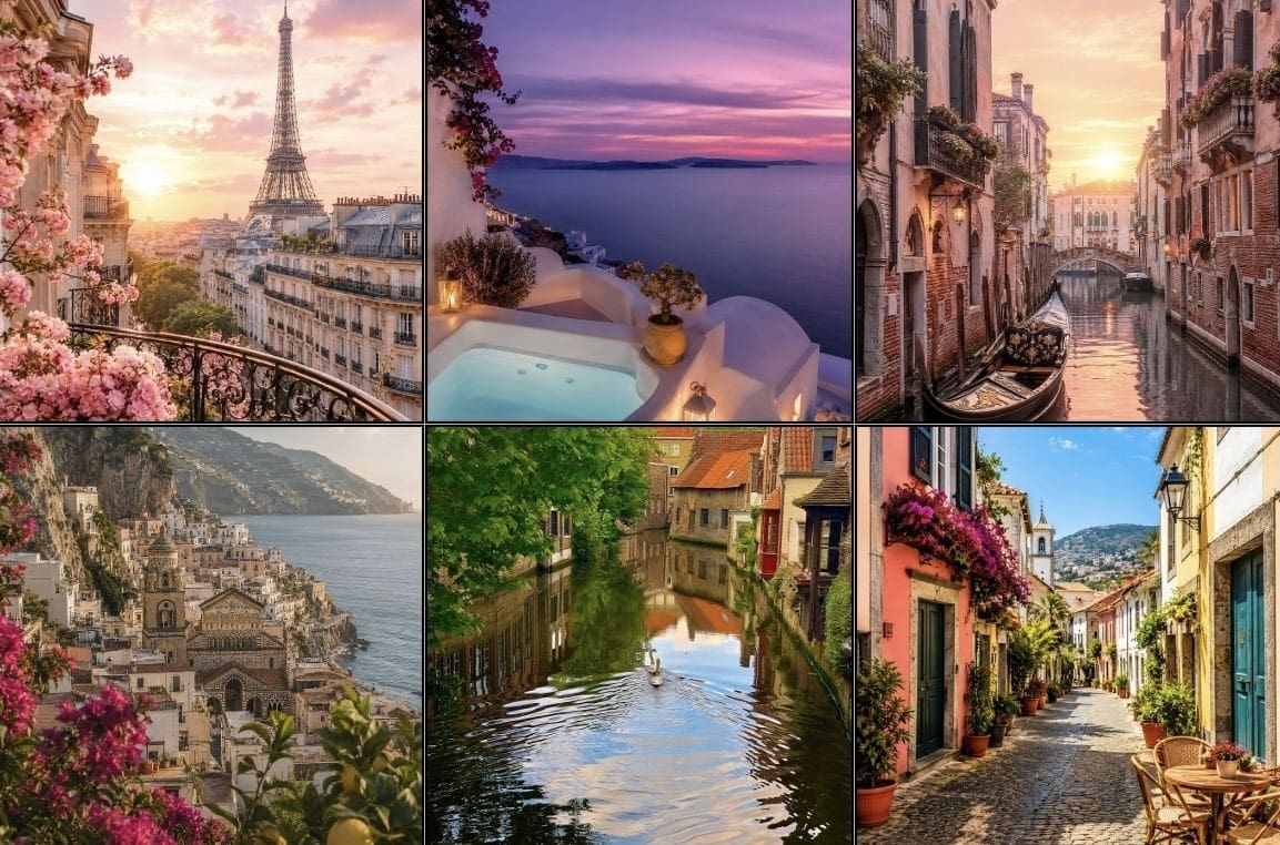 This image is for the title page. It features dreamy and colorful images of Paris, Santorini, Venice, Amalfi, Bruges, Funchal. It also includes the title, 7 Dreamy European Destinations.